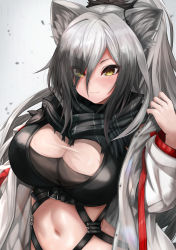 Rule 34 | 1girl, absurdres, animal ear fluff, animal ears, arknights, black scarf, blush, breasts, cat ears, cleavage, crop top, hair between eyes, hair over one eye, hand up, highres, jacket, large breasts, long hair, looking at viewer, midriff, multiple straps, navel, open clothes, open jacket, ponytail, ryara, scarf, schwarz (arknights), sidelocks, silver hair, smile, solo, upper body, white jacket, yellow eyes