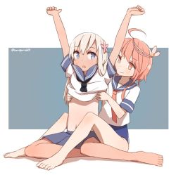 Rule 34 | 10s, 2girls, :o, ahoge, arms up, barefoot, between legs, black neckwear, blue eyes, blue skirt, closed mouth, clothes lift, coupon (skyth), feet, flower, hair flower, hair ornament, hairband, hairpin, head tilt, i-58 (kancolle), kantai collection, knees up, lifting another&#039;s clothes, long hair, midriff, multiple girls, navel, neckerchief, necktie, pink eyes, pink hair, red necktie, ro-500 (kancolle), sailor collar, shirt, shirt lift, short hair, short sleeves, simple background, sitting, skirt, sleeve cuffs, smile, spread legs, stomach, tan, tareme, toes, twitter username, undressing, very long hair, white background, white shirt, yokozuwari