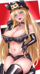 Rule 34 | 1girl, absurdres, animal ears, arm up, azur lane, bare shoulders, belt buckle, bismarck (azur lane), black gloves, black shirt, black shorts, black thighhighs, blonde hair, blue eyes, blush, breasts, buckle, cat ears, choker, cleavage, collar, collarbone, commentary request, cross, elbow gloves, fur-trimmed gloves, fur trim, german flag, gloves, hair between eyes, halloween costume, hat, highres, iron cross, long hair, looking at viewer, micro shorts, navel, shiny clothes, shiny skin, shirt, shorts, sidelocks, skindentation, surota, suspenders, tagme, thighhighs, very long hair