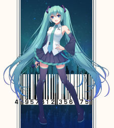Rule 34 | 1girl, 2017, anniversary, aqua eyes, aqua hair, bad id, bad pixiv id, barcode, boots, dated, detached sleeves, full body, gu liang dun grain, hand on own hip, hatsune miku, headset, highres, long hair, microphone, nail polish, necktie, open mouth, pigeon-toed, pleated skirt, skirt, solo, thigh boots, thighhighs, twintails, very long hair, vocaloid