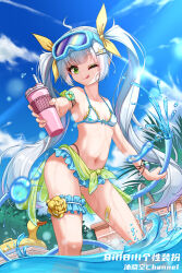 Rule 34 | 1girl, :q, bandaid on thigh, bikini, bikini skirt, blue bikini, bottle, breasts, bridal garter, chinese commentary, closed mouth, commentary request, denfunsan, frilled bikini, frills, goggles, goggles on head, green eyes, grey hair, hair ornament, hair ribbon, hairclip, highres, holding, hose, indie virtual youtuber, long hair, mu xiaokong, navel, one eye closed, outdoors, partial commentary, petite, ribbon, small breasts, solo, swimsuit, tongue, tongue out, twintails, very long hair, virtual youtuber, wading, water bottle, water drop, yellow ribbon