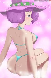 Rule 34 | 1girl, absurdres, ass, back, bare shoulders, bikini, black clover, blush, breasts, closed mouth, dorothy unsworth, hat, highres, iris art, large breasts, purple eyes, purple hair, short hair, smile, swimsuit, tagme, witch, witch hat