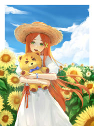 Rule 34 | &gt; &lt;, 1girl, absurdres, border, bow, bowtie, cloud, commentary request, dot nose, dress, flower, green eyes, hair ornament, hat, highres, holding, long hair, open mouth, orange hair, original, outdoors, painting (medium), parted bangs, qian-li-xin-hen, shadow, short sleeves, side-tie dress, sky, solo, straw hat, stuffed animal, stuffed toy, sunflower, teddy bear, teeth, traditional media, upper teeth only, white border, white dress, white sleeves, wristband, x hair ornament