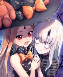 Rule 34 | 2girls, :d, abigail williams (fate), abigail williams (second ascension) (fate), black bow, black dress, black headwear, blonde hair, bow, closed mouth, commentary request, dress, eye contact, fate/grand order, fate (series), hands up, hat, hat bow, highres, holding hands, horns, kurageso, lavinia whateley (fate), long hair, looking at another, multiple girls, open mouth, orange bow, parted bangs, polka dot, polka dot bow, purple eyes, red eyes, revealing clothes, short sleeves, single horn, smile, stuffed animal, stuffed toy, teddy bear, upper body, white hair, wide-eyed, witch hat