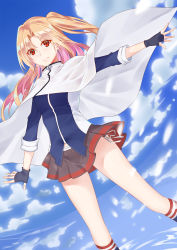 Rule 34 | 1girl, 5plus, azur lane, blonde hair, capelet, cleveland (azur lane), cloud, day, fingerless gloves, gloves, highres, long hair, looking at viewer, miniskirt, one side up, outdoors, panties, parted lips, pleated skirt, red eyes, side-tie panties, skirt, sky, sleeves rolled up, solo, tube socks, underwear