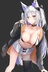 Rule 34 | 1girl, absurdres, animal ear fluff, animal ears, bad id, bad pixiv id, bikini, bikini top only, black background, black choker, black jacket, black thighhighs, breasts, choker, cleavage, collarbone, fox ears, fox girl, fox tail, hair ribbon, heterochromia, highres, jacket, kurohikage, large breasts, leg up, long hair, long sleeves, looking at viewer, miniskirt, multicolored hair, navel, off shoulder, open clothes, open jacket, orange eyes, original, pleated skirt, purple eyes, ribbon, silver hair, simple background, single thighhigh, skirt, solo, stomach, strap pull, string bikini, swimsuit, tail, thighhighs, thighs, two-tone hair, two side up, very long hair, white bikini, white skirt