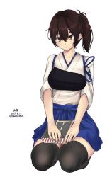 Rule 34 | 1girl, brown eyes, brown hair, character name, commentary request, dated, expressionless, hair between eyes, hands on lap, highres, kaga (kancolle), kantai collection, kneeling, muneate, one-hour drawing challenge, seiza, side ponytail, simple background, sitting, solo, tasuki, thighhighs, timato, twitter username, white background, zettai ryouiki