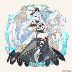 Rule 34 | black bow, bow, breasts, dragalia lost, dress, full body, gabriel (dragalia lost), gradient eyes, halo, holding, holding stuffed toy, large breasts, long hair, long sleeves, looking at viewer, mechanical halo, multicolored eyes, official art, pink eyes, sitting, smile, stuffed toy, white dress, wrist cuffs