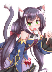 Rule 34 | 1girl, animal ear fluff, animal ears, bare shoulders, black hair, blush, breasts, cat ears, cat girl, cat tail, commentary request, detached sleeves, dress, fang, frilled dress, frills, gao, green eyes, highres, horokusa (korai), karyl (princess connect!), long hair, multicolored hair, open mouth, partial commentary, princess connect!, purple dress, solo, streaked hair, tail, very long hair, white hair, wide sleeves