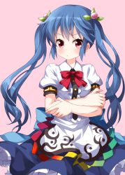 Rule 34 | 1girl, alternate hairstyle, blouse, blue hair, blue skirt, blush, bow, bowtie, cowboy shot, crossed arms, food-themed hair ornament, frills, hair ornament, highres, hinanawi tenshi, leaf hair ornament, long hair, looking at viewer, no headwear, peach hair ornament, petticoat, puffy short sleeves, puffy sleeves, red bow, red bowtie, red eyes, ruu (tksymkw), shirt, short sleeves, simple background, skirt, solo, standing, touhou, twintails, v arms, white background, white shirt, wing collar