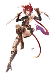 Rule 34 | 1girl, animal ears, blush, boots, breasts, cat ears, cat tail, detached sleeves, dual wielding, earrings, eyes visible through hair, gloves, hair over one eye, high heel boots, high heels, highres, holding, jewelry, kazeno, medium breasts, open mouth, original, panties, pantyshot, red hair, short hair, solo, tail, thighhighs, underwear, white panties, yellow eyes