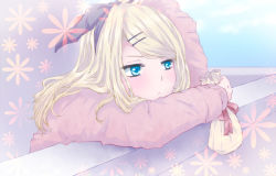 Rule 34 | 1girl, alternate hair length, alternate hairstyle, black bow, blonde hair, blue eyes, blue sky, blush, bow, cardigan, closed mouth, cloud, contemporary, eyelashes, flower, gift bag, hair ornament, hairband, hairclip, hand on own head, hand up, holding, kagamine rin, long hair, long sleeves, looking away, nicarali, pout, sky, solo, swept bangs, upper body, valentine, vocaloid