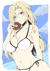 Rule 34 | 1girl, bikini, blonde hair, blue eyes, breasts, cleavage, commentary request, commission, cowboy shot, doughnut, food, highres, holding, hornet (kancolle), kantai collection, large breasts, long hair, looking at viewer, side-tie bikini bottom, solo, swimsuit, taira yuuki, white bikini