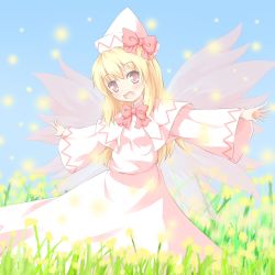 Rule 34 | 1girl, blonde hair, blush, dress, female focus, field, flower, flower field, hat, lily white, nature, outdoors, outstretched arms, pink dress, plant, red eyes, shino megumi, sky, smile, solo, touhou, wings