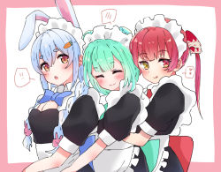 Rule 34 | !, !!, 3girls, alternate costume, alternate hairstyle, animal ears, apron, blue hair, blush, braid, breasts, carrot hair ornament, cleavage, closed mouth, commentary, dress, closed eyes, food-themed hair ornament, girl sandwich, green hair, hair between eyes, hair ornament, heart, heterochromia, hololive, houshou marine, hug, hug from behind, licking lips, light blue hair, long hair, looking at viewer, maid, maid apron, maid headdress, medium breasts, medium hair, multiple girls, open mouth, orange eyes, pink background, rabbit ears, red eyes, red hair, sandwiched, sasaki (glass1138), short sleeves, simple background, smile, spoken blush, spoken exclamation mark, spoken heart, thick eyebrows, tongue, tongue out, twin braids, twintails, upper body, uruha rushia, usada pekora, virtual youtuber, white background, yellow eyes