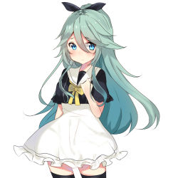 Rule 34 | 10s, 1girl, alternate costume, arm behind back, black thighhighs, blue eyes, blush, bow, bowtie, cowboy shot, dress, green hair, hair ribbon, hand on own chest, kantai collection, long hair, looking at viewer, ribbon, sailor collar, simple background, solo, thighhighs, touko (toukoneko), very long hair, white background, white dress, yamakaze (kancolle), zettai ryouiki