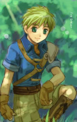 Rule 34 | 1boy, arm support, blonde hair, boots, fingerless gloves, fire emblem, fire emblem: path of radiance, fire emblem: radiant dawn, gloves, grass, green eyes, green hair, kneeling, lowres, male focus, matching hair/eyes, nature, nintendo, rolf (fire emblem), short hair, smile, solo, tree