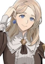 Rule 34 | 1girl, adjusting hair, ascot, blue eyes, breasts, brown ascot, brown dress, closed mouth, commentary, dress, earrings, fire emblem, fire emblem: three houses, fire emblem warriors: three hopes, frills, hand in own hair, jewelry, light brown hair, long sleeves, looking at viewer, medium breasts, medium hair, mercedes von martritz, nintendo, official alternate costume, official alternate hairstyle, parted bangs, shishima eichi, simple background, smile, solo, upper body, white background