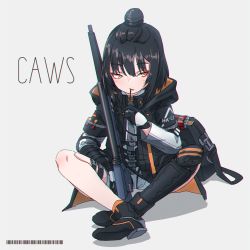 Rule 34 | 12-gauge (3 inch shell), 12-gauge belted winchester-olin (18.5x76mmr), 1girl, ammunition, automatic shotgun, bag, barcode, belted magnum, black bag, black footwear, black hair, boots, braid, bug, bullpup, butterfly, candy, caws (girls&#039; frontline), character name, chromatic aberration, coat, combat shotgun, expressionless, eyeshadow, food, food in mouth, full-power cartridge, full body, german flag, girls&#039; frontline, gloves, grey background, grey jumpsuit, gun, h&amp;k caws, hand on thigh, hand up, heckler &amp; koch, highres, hood, hood down, hooded coat, insect, jumpsuit, kuro kosyou, leg armor, load bearing equipment, logo, long sleeves, looking at viewer, magnum cartridge, magnum shotgun shell, makeup, medium hair, needlegun, olin corporation, open clothes, open coat, orange socks, parted lips, personification, pocky, prototype design, sabot, shadow, shin guards, shotgun, shotgun shell, simple background, single shin guard, sitting, snack, socks, solo, sub-caliber ammunition, thigh strap, topknot, weapon, winchester-olin, winchester repeating arms company, yellow eyes