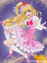 Rule 34 | 1girl, :d, asahina mirai, bad id, bad pixiv id, blonde hair, blue eyes, blush, bow, bracelet, broom, broom riding, crescent moon, cure miracle, dress, earrings, foreshortening, full body, gloves, hair bow, high heels, jewelry, layered dress, long hair, looking at viewer, magical girl, mahou girls precure!, moon, open mouth, otanagare, pink dress, precure, purple eyes, smile, solo, twitter username, white gloves, white legwear