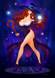 Rule 34 | 1girl, akiranime, breasts, bursting breasts, cleavage, dragon&#039;s crown, hat, high heels, highres, large breasts, long hair, red hair, solo, sorceress (dragon&#039;s crown), wand, witch hat