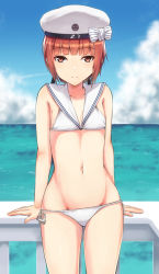 Rule 34 | anchor, bikini, blue sky, bondo (borndragon), bow, breasts, closed mouth, cloud, cloudy sky, day, hat, hat bow, kantai collection, looking at viewer, ocean, orange eyes, red hair, short hair, sky, small breasts, solo, swimsuit, white bikini, white hat, z3 max schultz (kancolle)