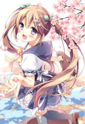 Rule 34 | 1girl, :d, bad id, bad pixiv id, bag, black thighhighs, blush, briefcase, brown hair, cherry blossoms, flower, hair flower, hair ornament, hair ribbon, hairclip, holding, loafers, long hair, looking at viewer, looking back, open mouth, original, pan (mimi), petals, puddle, puffy sleeves, purple eyes, rainbow, ribbon, school bag, school briefcase, school uniform, serafuku, shoes, short sleeves, smile, solo, standing, standing on one leg, thighhighs, twintails, very long hair, water