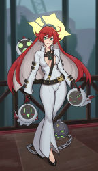 Rule 34 | 1girl, ahoge, ankh, ball and chain (weapon), ball and chain restraint, belt, belt buckle, bodysuit, breasts, broken halo, buckle, center opening, chain, cleavage, collarbone, cross, fellming, gloves, green eyes, guilty gear, guilty gear strive, halo, high heels, highres, jack-o&#039; valentine, jewelry, long hair, long sleeves, looking at viewer, multicolored hair, necklace, solo, two-tone hair, very long hair