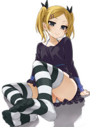 Rule 34 | 10s, 1girl, asanagi, black eyes, blonde hair, blush, feet, foot focus, full body, hair ornament, hair ribbon, hairclip, halterneck, highres, legs, long sleeves, looking at viewer, mole, mole under eye, no shoes, panties, pantyshot, ribbon, shirobako, short hair, short twintails, simple background, sitting, smile, socks, soles, solo, striped clothes, striped socks, striped thighhighs, swept bangs, thighhighs, thighs, toe scrunch, toes, twintails, underwear, white background, white panties, yano erika