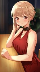 Rule 34 | 1girl, arm rest, bare shoulders, beads, belt buckle, blonde hair, blush, breasts, brown collar, buckle, cleavage, closed mouth, collar, dress, elbow rest, evening gown, hair beads, hair bun, hair ornament, head rest, highres, jewelry, lycoris recoil, medium breasts, nail polish, nishikigi chisato, official alternate costume, pendant, pink nails, profnote, red dress, red eyes, short hair, sitting, sleeveless, sleeveless dress, smile, solo, table