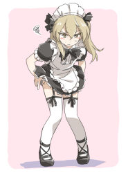 Rule 34 | 1girl, alternate costume, apron, black bow, black bowtie, black dress, black footwear, blush, bow, bowtie, brown eyes, closed mouth, clothes lift, collared dress, dress, dress lift, enmaided, frilled dress, frilled sleeves, frills, frown, full body, garter straps, girls und panzer, leaning forward, lifting own clothes, light brown hair, long hair, maid, maid apron, maid headdress, mary janes, one side up, outside border, panties, panty pull, pink background, puffy short sleeves, puffy sleeves, pulling own clothes, shadow, shimada arisu, shoes, short sleeves, solo, squiggle, standing, sweatdrop, tewarusa, thighhighs, underwear, white apron, white thighhighs