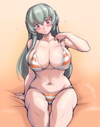 Rule 34 | 00s, 1girl, aged up, belly, bikini, blush, breasts, bursting breasts, cleavage, curvy, headphones, large breasts, long hair, navel, red eyes, rozen maiden, silver hair, sitting, solo, striped bikini, striped clothes, suigintou, swimsuit, tsuda nanafushi, underboob, wide hips
