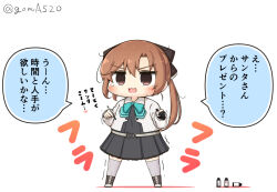 Rule 34 | 1girl, :3, akigumo (kancolle), akigumo kai ni (kancolle), artist glove, black dress, blazer, bottle, brown eyes, brown hair, chibi, commentary request, dress, energy drink, flying sweatdrops, full body, goma (yoku yatta hou jane), grey thighhighs, holding, holding stylus, jacket, kantai collection, long hair, open mouth, pleated dress, ponytail, simple background, smile, solo, standing, stylus, thighhighs, translation request, twitter username, wavy mouth, white background, white jacket