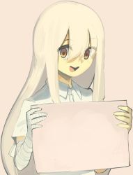 Rule 34 | 1girl, :d, bandaged hand, bandages, blonde hair, boa (brianoa), brown eyes, collared shirt, grey background, hair between eyes, highres, holding, holding sign, looking at viewer, open mouth, original, shirt, short sleeves, sign, simple background, smile, solo, template, upper body, white shirt, who (boa (brianoa)), wing collar