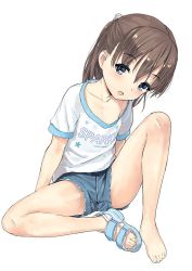 Rule 34 | 1girl, :d, arms at sides, bare legs, barefoot, brown hair, child, clothes writing, collarbone, denim, denim shorts, english text, feet, flat chest, full body, hair between eyes, half updo, invisible chair, jiji (aardvark), knee up, long hair, looking at viewer, open mouth, original, sandals, shirt, shoes, short shorts, short sleeves, shorts, simple background, single sandal, single shoe, sitting, smile, solo, tareme, toes, white background, white shirt