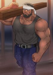 Rule 34 | 1boy, abs, absurdres, arm hair, armpit hair, bara, beard, big nose, black hair, black tank top, blue pants, carrying over shoulder, chest hair, construction worker, dark-skinned male, dark skin, facial hair, feet out of frame, frown, grey hair, hairy, headband, highres, large pectorals, leather belt, male focus, mature male, multicolored hair, muscular, muscular male, mustache, navel, navel hair, nipples, old, old man, original, paid reward available, pants, pectorals, short hair, solo, stomach, streaked hair, sweat, tank top, thick eyebrows, walking, white headband, wood, yakisoba ohmori