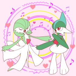 Rule 34 | 1boy, 1girl, blue hair, bob cut, closed eyes, colored skin, creatures (company), flat chest, flat color, full body, gallade, game freak, gardevoir, gen 3 pokemon, gen 4 pokemon, green hair, green skin, hair over one eye, hand up, happy, heart, highres, looking up, mohawk, monya, multicolored hair, multicolored skin, music, musical note, nintendo, one eye covered, open mouth, outstretched arms, pink background, pokemon, pokemon (creature), red eyes, short hair, singing, smile, spread arms, standing, two-tone hair, two-tone skin, u u, white skin