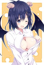 Rule 34 | 10s, 1girl, ;d, bad id, bad pixiv id, black hair, blue eyes, blush, breasts, cleavage, coto321, demon girl, demon horns, demon wings, dress shirt, gabriel dropout, hair between eyes, hair ornament, hairclip, horns, medium breasts, one eye closed, open clothes, open mouth, open shirt, orange background, outside border, shirt, sleeves past wrists, smile, solo, upper body, vignette tsukinose april, white shirt, wings, x hair ornament