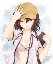 Rule 34 | 1girl, ;), arm up, bag, black ribbon, blush, book, bra, breast pocket, breasts, brown bag, brown hair, brown hat, cabbie hat, cleavage, collarbone, commentary request, grey background, hair between eyes, hand on headwear, hand up, hat, holding, holding book, holding pen, looking at viewer, medium breasts, miyo (ranthath), navel, one eye closed, open clothes, open shirt, parted lips, pen, pocket, pointy ears, red eyes, ribbon, satchel, shameimaru aya, shirt, short hair, smile, solo, stomach, sweat, touhou, underwear, upper body, white bra, white shirt, wing collar