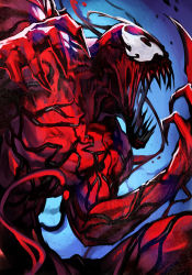 Rule 34 | 1boy, blue background, bodysuit, carnage (marvel), claws, fangs, hungry clicker, klyntar, male focus, marvel, mask, muscular, open mouth, sharp teeth, solo, spider-man (series), symbiote, teeth