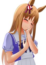 Rule 34 | 1girl, animal ears, ao komhur, blush, bow, brown hair, closed eyes, closed mouth, commentary request, grass wonder (umamusume), hand on own chest, hand on own face, highres, horse ears, horse girl, long hair, puffy short sleeves, puffy sleeves, purple bow, purple shirt, sailor collar, school uniform, shirt, short sleeves, simple background, smile, solo, summer uniform, tracen school uniform, umamusume, upper body, white background
