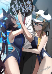Rule 34 | ..., 1boy, 2girls, ^ ^, animal ears, black hair, black pants, blue eyes, blue one-piece swimsuit, blush, breast press, breasts, brown hair, cheval grand (umamusume), closed eyes, closed mouth, commentary request, competition swimsuit, ear covers, ears through headwear, hat, highres, horse ears, horse girl, horse tail, large breasts, long hair, multiple girls, one-piece swimsuit, open mouth, pants, profile, sandwiched, sasanon (sasapoliton), shirt, short hair, spoken ellipsis, swimsuit, tail, trainer (umamusume), translation request, twintails, twitter username, umamusume, vivlos (umamusume), white hat, white shirt