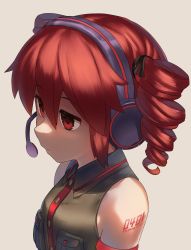 Rule 34 | 1girl, bare shoulders, black ribbon, black shirt, breasts, brown background, character name, closed mouth, collared shirt, commentary request, dress shirt, drill hair, hair between eyes, hair ribbon, headphones, headset, highres, kasane teto, looking away, monosenbei, red eyes, red hair, ribbon, shirt, simple background, sleeveless, sleeveless shirt, small breasts, solo, twin drills, upper body, utau