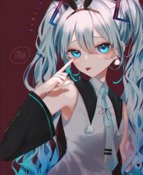 Rule 34 | 1girl, :p, absurdres, akanbe, black hairband, black sleeves, blue hair, blue necktie, closed mouth, collared shirt, commentary, detached sleeves, earrings, eyelid pull, grey shirt, hair between eyes, hair ornament, hairband, hatsune miku, highres, jewelry, long hair, looking at viewer, necktie, pom pom (clothes), pom pom earrings, red background, shirt, sleeveless, sleeveless shirt, solo, speech bubble, tie clip, tongue, tongue out, twintails, upper body, very long hair, vocaloid, vptku