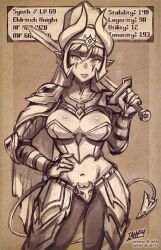 Rule 34 | 1girl, armor, artist name, breasts, demon girl, demon horns, demon tail, greyscale, hair between eyes, hand on own hip, highres, holding, holding sword, holding weapon, horns, iahfy, medium breasts, monochrome, navel, original, patreon username, pointy ears, ponytail, solo, stats, sword, synth (iahfy), tail, tongue, tongue out, twitter username, watermark, weapon