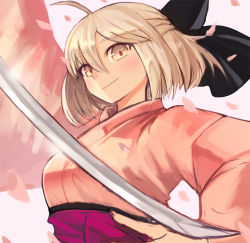 Rule 34 | 1girl, ahoge, blonde hair, blush, cherry blossoms, closed mouth, fate (series), hair between eyes, hair ribbon, holding, holding sword, holding weapon, japanese clothes, katana, kimono, koha-ace, long sleeves, looking at viewer, obi, okita souji (fate), okita souji (koha-ace), petals, pink kimono, ribbon, sash, short hair, smile, solo, sookmo, sword, weapon, yellow eyes