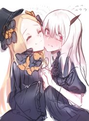 Rule 34 | 2girls, ^ ^, abigail williams (fate), bad id, bad pixiv id, black bow, black dress, black hat, blonde hair, blush, bow, cheek-to-cheek, closed eyes, closed mouth, commentary request, dress, fate/grand order, fate (series), fixro2n, flying sweatdrops, hair bow, hat, heads together, highres, holding hands, horns, interlocked fingers, lavinia whateley (fate), long hair, long sleeves, multiple girls, nose blush, orange bow, parted bangs, pink eyes, simple background, single horn, sketch, sleeves past fingers, sleeves past wrists, smile, sweat, very long hair, white background, white hair