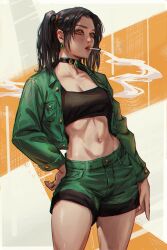 Rule 34 | 1girl, abs, arm behind back, black hair, choker, cigarette, commentary, earrings, highres, jewelry, looking to the side, open clothes, open shirt, orange eyes, original, ring, shorts, simple background, smoking, solo, tank top, toned, twintails, yaminokuni