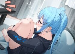 Rule 34 | 1girl, barefoot, black hoodie, blue hair, blue nails, blush, closed mouth, commentary request, controller, curtains, drawstring, ear piercing, earrings, hair ornament, hairclip, highres, hood, hood down, hoodie, hugging own legs, indoors, jewelry, knees up, long hair, long sleeves, nail polish, notice lines, original, piercing, profile, puffy long sleeves, puffy sleeves, red eyes, remote control, sleeves past wrists, solo, table, toenail polish, toenails, transparent, tsukiman, twintails, window, wooden floor