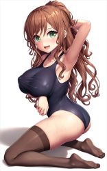 Rule 34 | 1girl, arm under breasts, arm up, armpits, ass, bang dream!, bare arms, bare shoulders, black one-piece swimsuit, blush, breasts, brown hair, brown thighhighs, collarbone, from side, green eyes, hand in own hair, imai lisa, kneeling, lambda (kusowarota), large breasts, long hair, looking at viewer, looking to the side, one-piece swimsuit, open mouth, ponytail, shadow, smile, swimsuit, thighhighs, thighs, white background